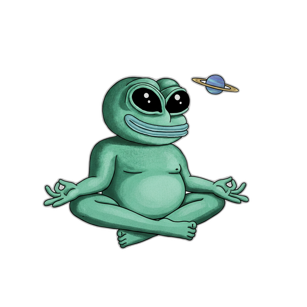 Alien Pepe meditating beside a ringed planet